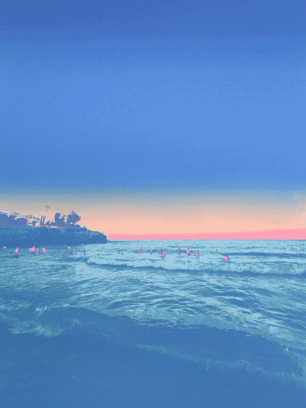 blue, orange, pink and teal sunset over the sea original artwork
