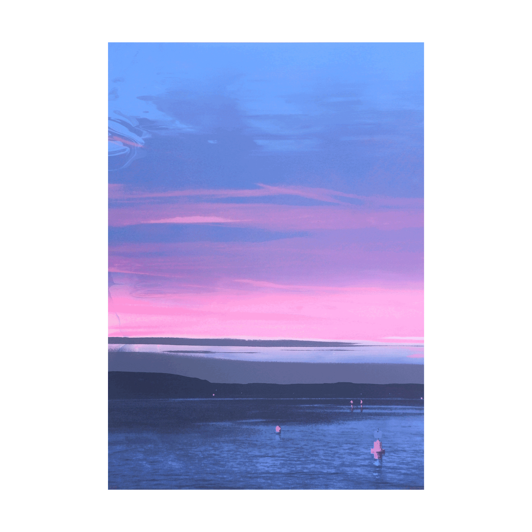 A watercolor-style sunset over a calm body of water with pink and purple clouds in the sky and small boats floating.