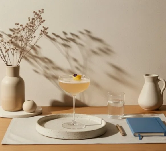A minimalist table setup with a vase of dried flowers, a cocktail in a coupe glass, a glass of water, a blue notebook, and a pen on a white table runner, against a plain wall.