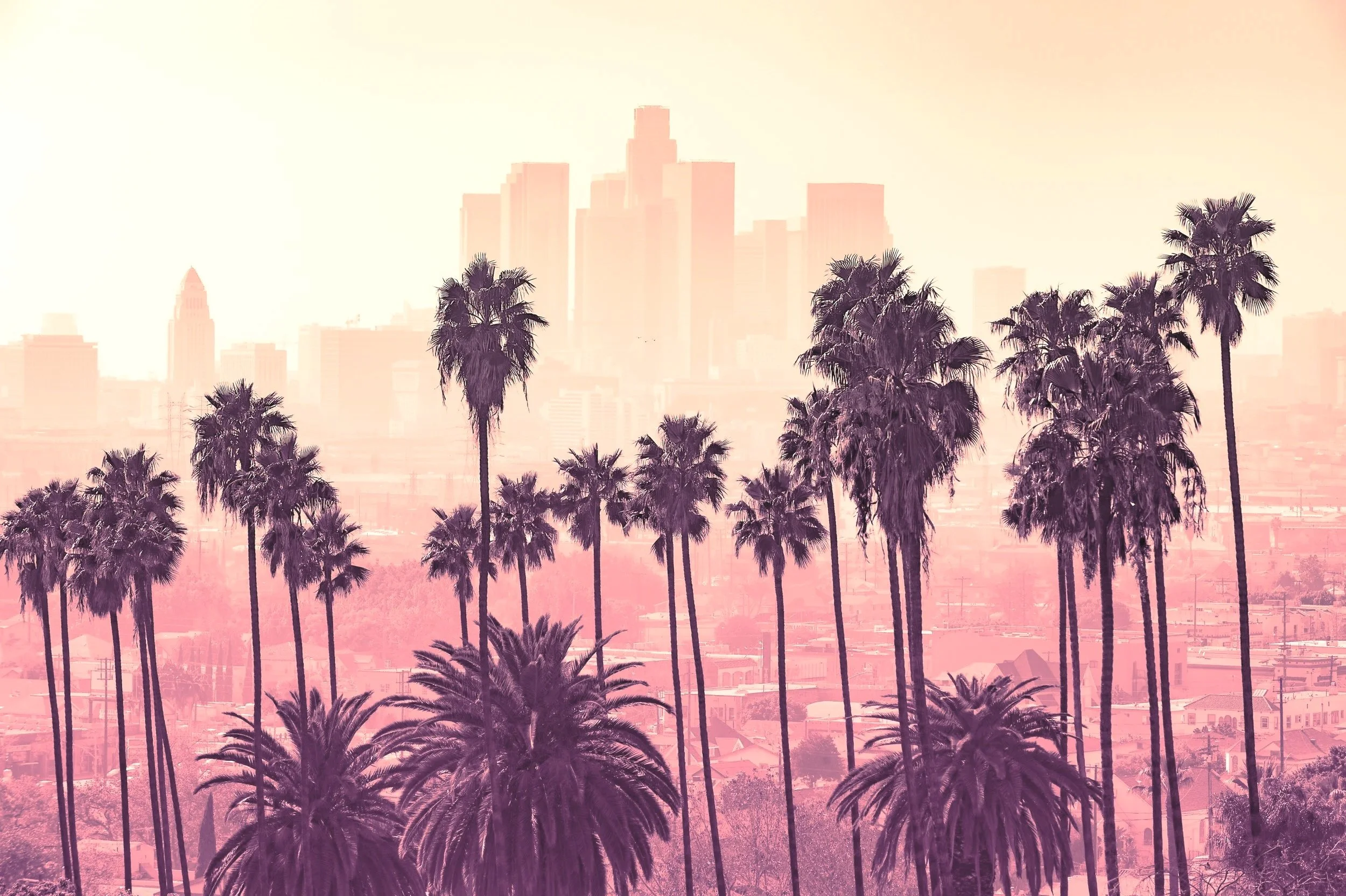 City skyline with tall palm trees in foreground, hazy atmosphere, pastel pink and purple hues.