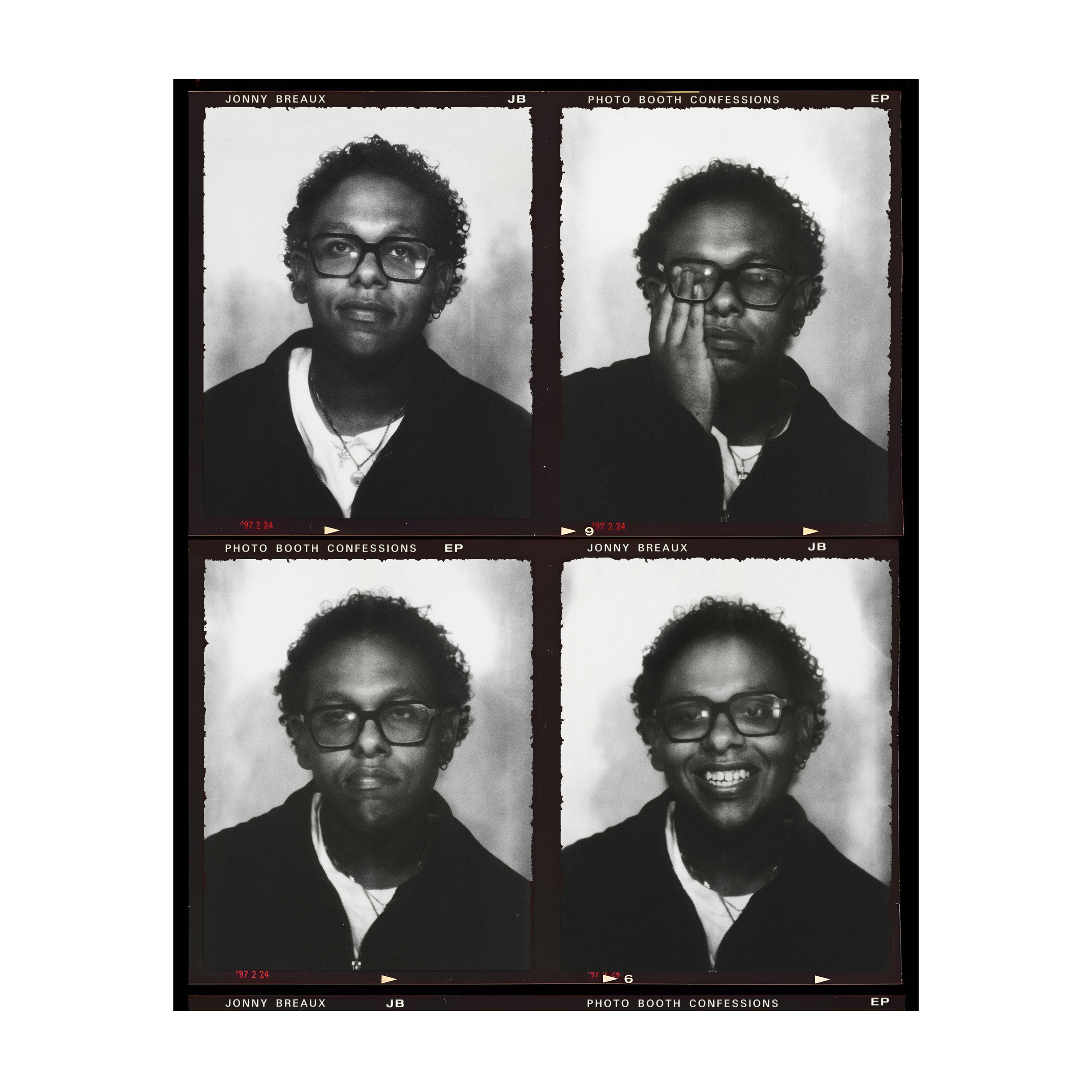 The official album cover art for Jonny Breaux's EP "Photo Booth Confessions". A black-and-white photo booth strip of Jonny Breaux in four different poses, set against a white background.