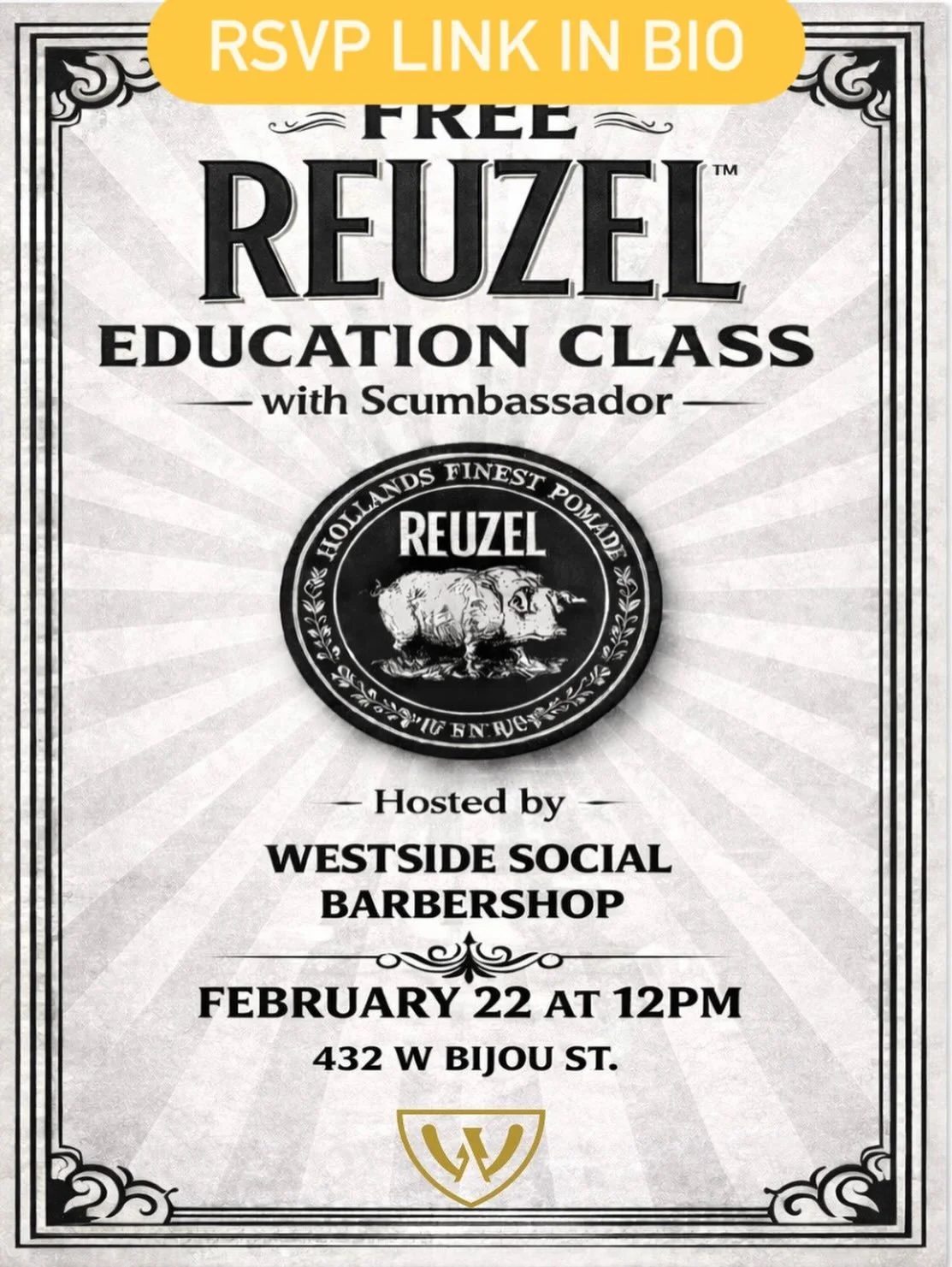 ✂️ BARBERS &mdash; FREE EDUCATION CLASS! ✂️
Westside Social Barbershop is hosting a FREE Reuzel Education Class on February 22nd &mdash; and you&rsquo;re invited!
Come level up your skills, learn new techniques, and connect with other barbers in the 