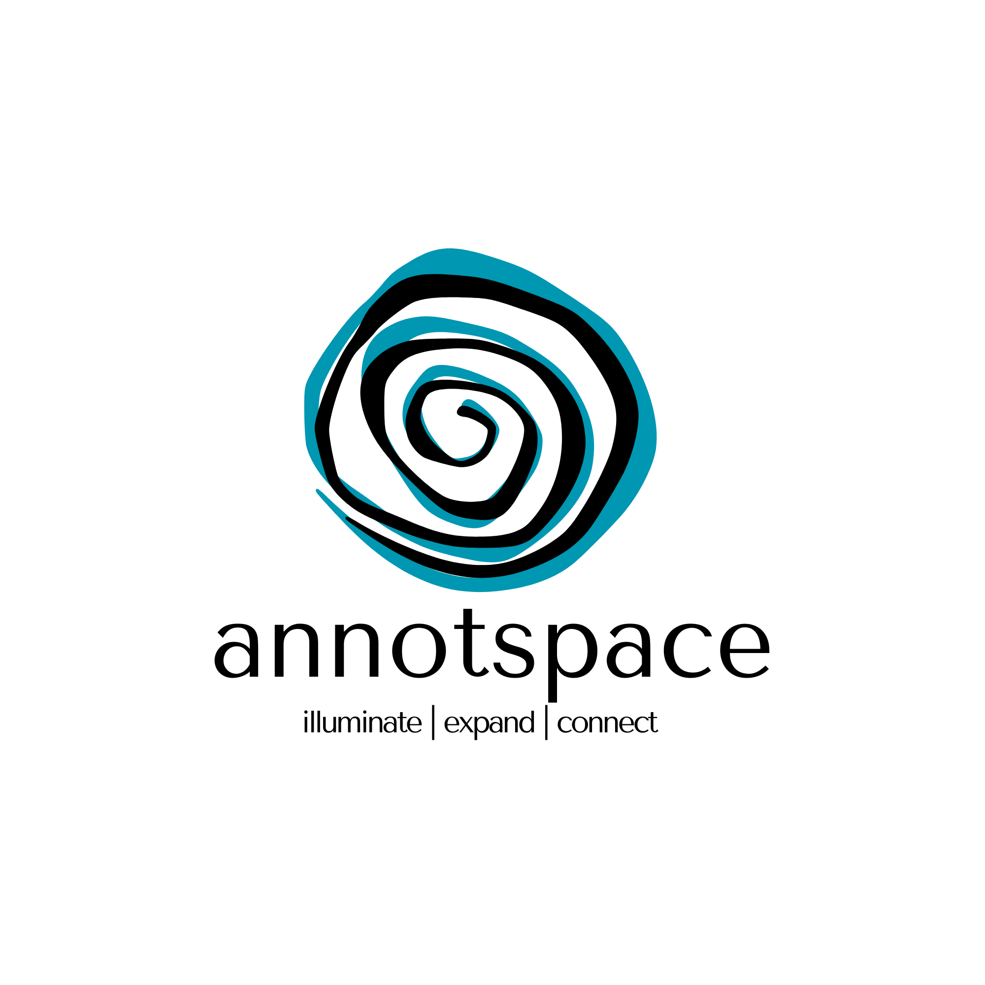 A logo for annotspace featuring a spiral design with blue and black lines and the words 'annotspace' below it, with the tagline 'illuminate | expand | connect' underneath.