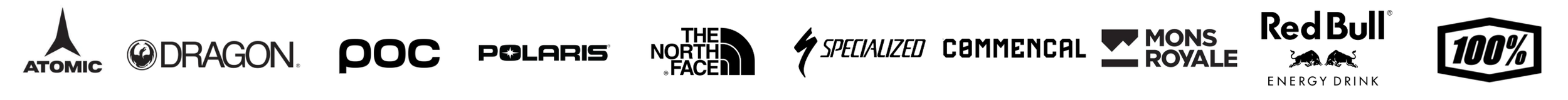 Atomic logo Dragon logo POC logo Polaris logo The North Face logo Specialized logo Commencal logo Mons Royale logo Red Bull logo 100% logo