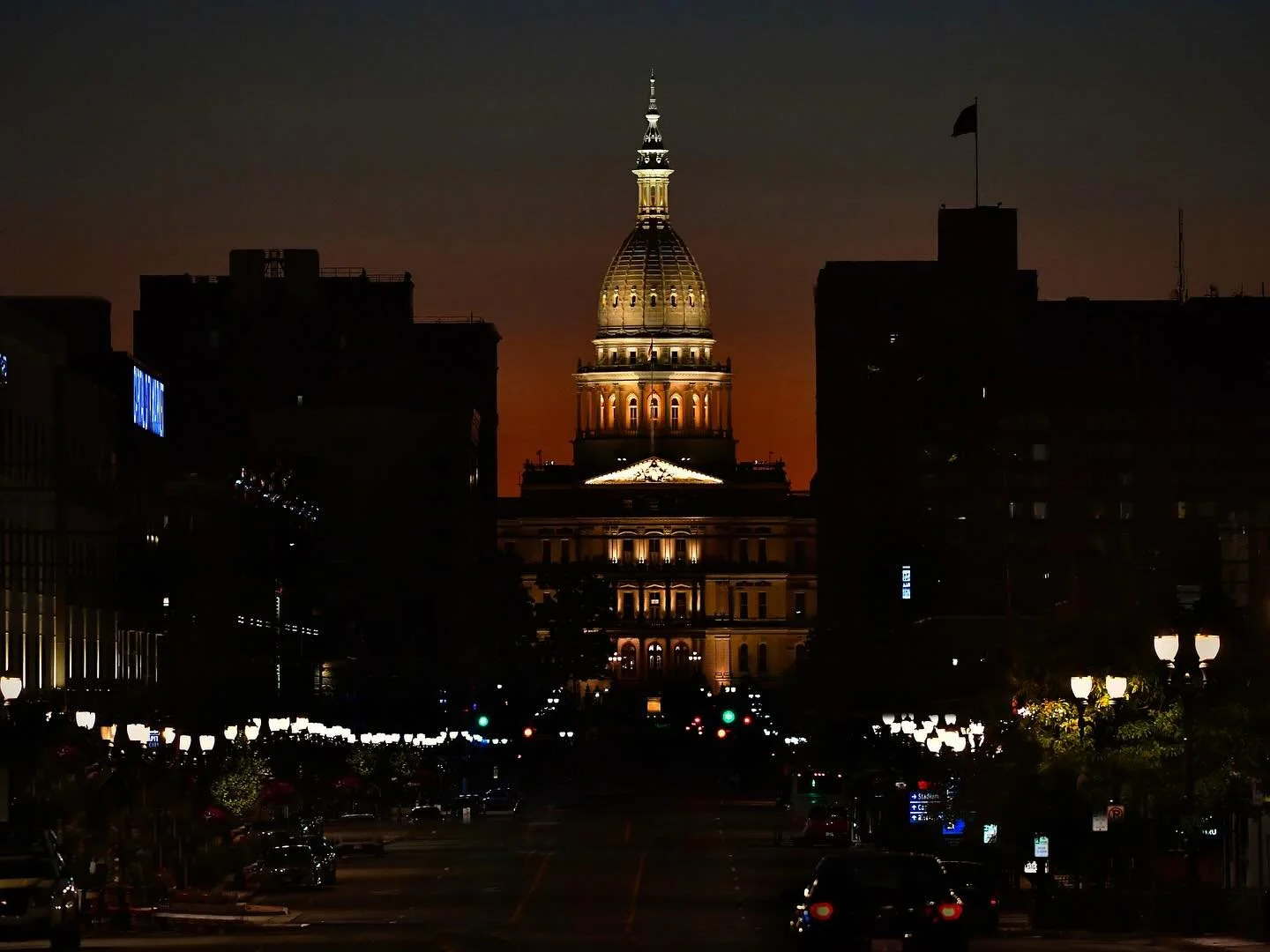 The Michigan Capitol building on the evening of September 7, 2025.  Some new additions to the state-of-the-art LED exterior lighting are now complete.  The lights continuously change as the sun sets and skies darken.  It&rsquo;s fascinating to watch.