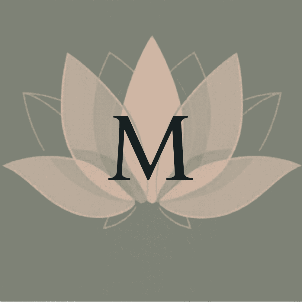 A stylized lotus flower with a large letter 'M' in the center, set against a muted background.
