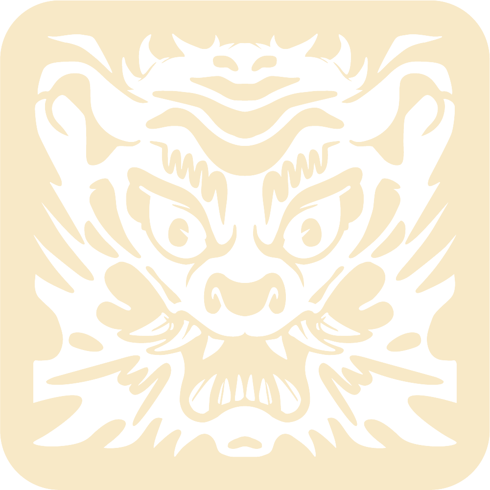Stylized black-and-cream illustration of a fierce dragon face with horns, sharp teeth, and whiskers