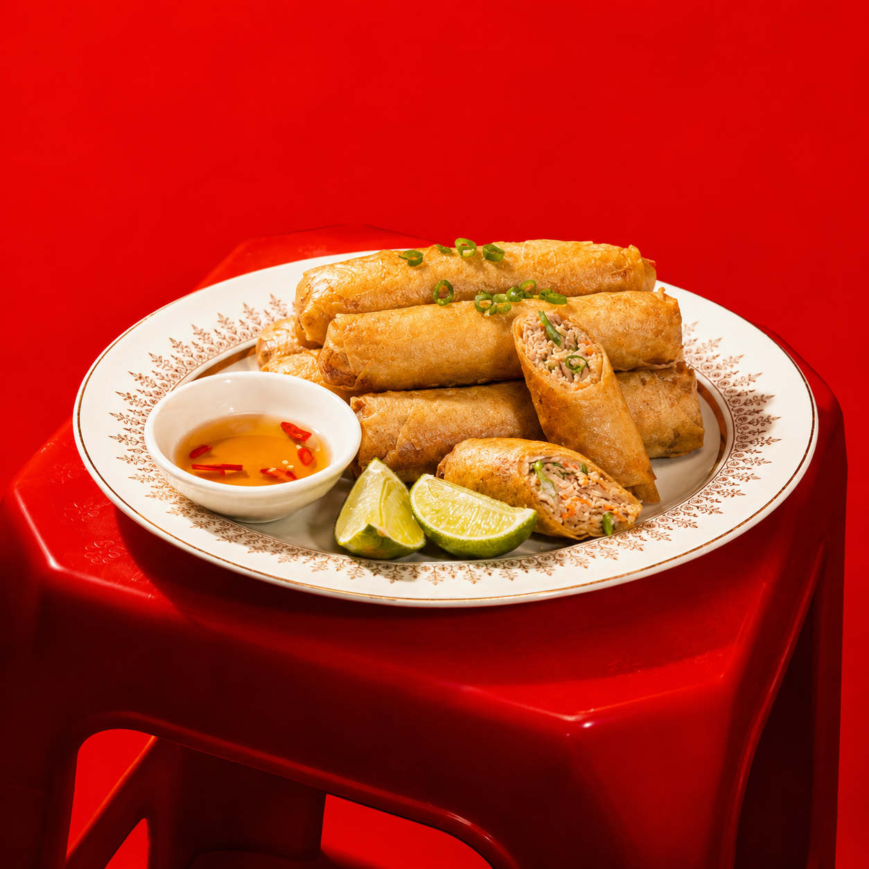 Plate of fried spring rolls garnished with chopped green onions, served with lime wedges and a small bowl of dipping sauce with red chili slices on a red background.