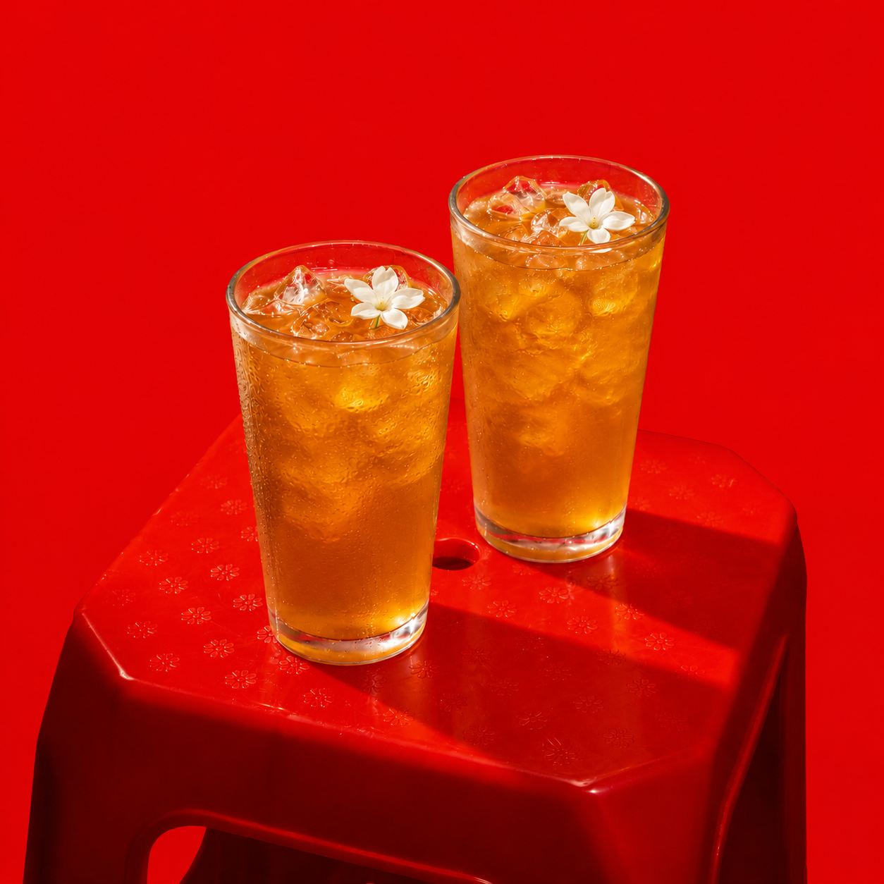 Two tall glasses filled with vietnamese iced tea garnished with white flowers, placed on a red surface against a red background. The photo was taken in Montréal, by Maison Toki for Pham's Banh Mi.
