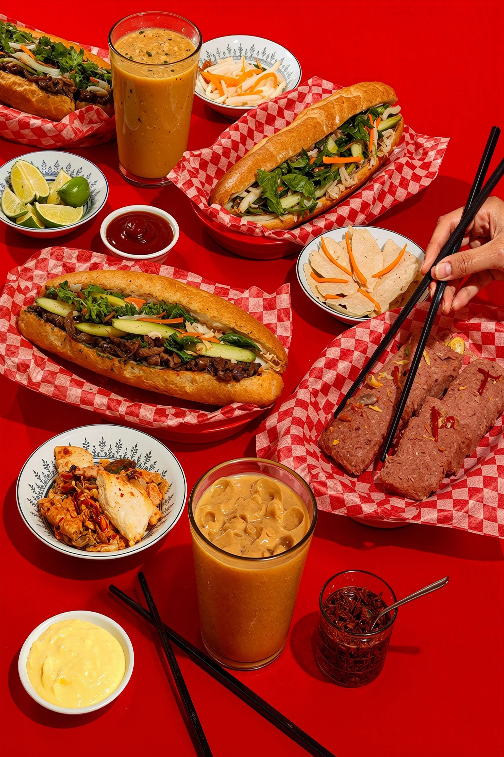 A table of Vietnamese food and including Bánh Mì  sandwiches filled with vegetables and meats, bowls of pickled vegetables, lemon wedges, a glass of iced coffee, and small dishes of sauces and desserts, all set on a red table.