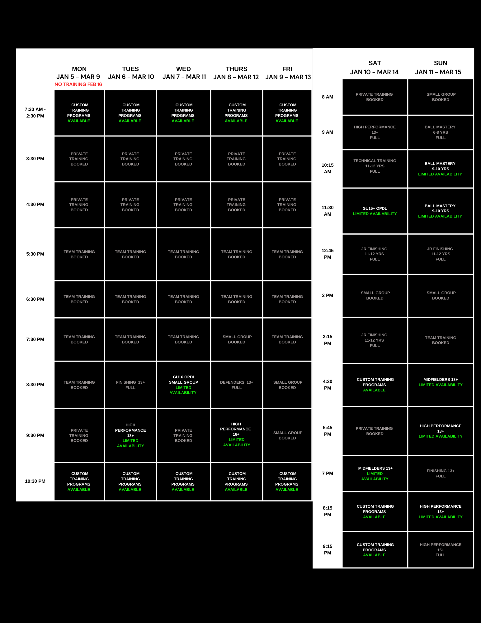 Weekly training schedule with dates, times, and various training programs for a sport or activity, including private, team, technical, and group training from January 5 to March 15.
