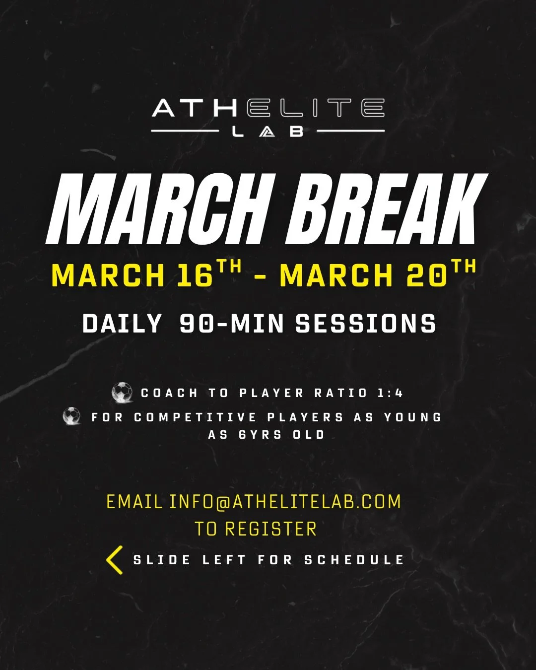 Registration for our March Break Clinics is now Open 🚨

Spots fill up fast! 

For competitive players ages 6+ 

Email now to register