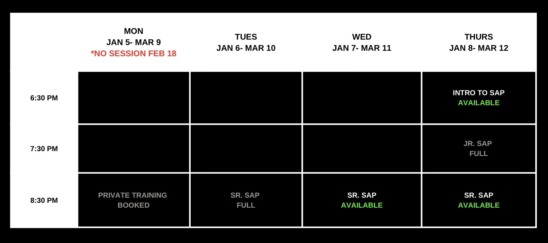Weekly training schedule from January 5 to March 12, with time slots at 6:30 PM, 7:30 PM, and 8:30 PM, showing different classes and their availability status.
