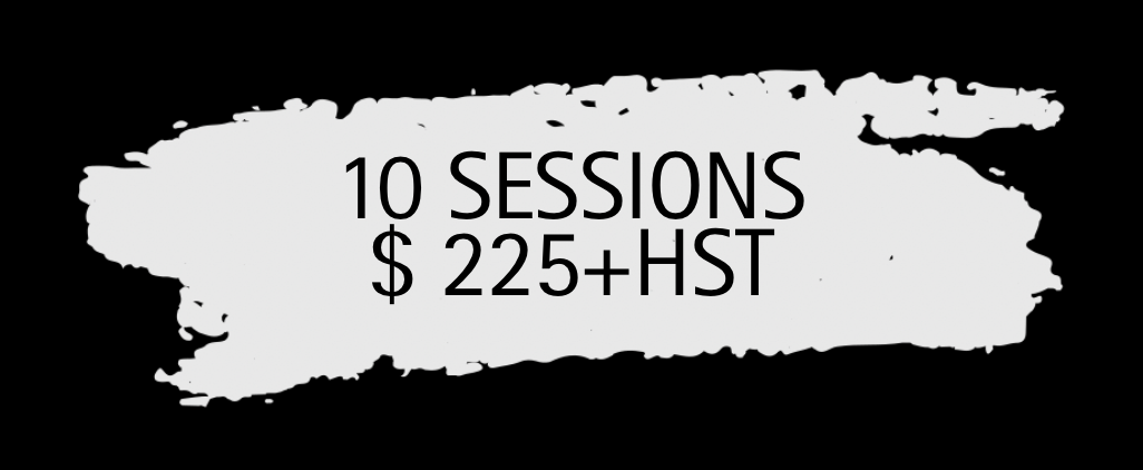 Text overlay on a black and gray paintbrush stroke background promoting a deal for 10 therapy sessions for $225 plus tax.