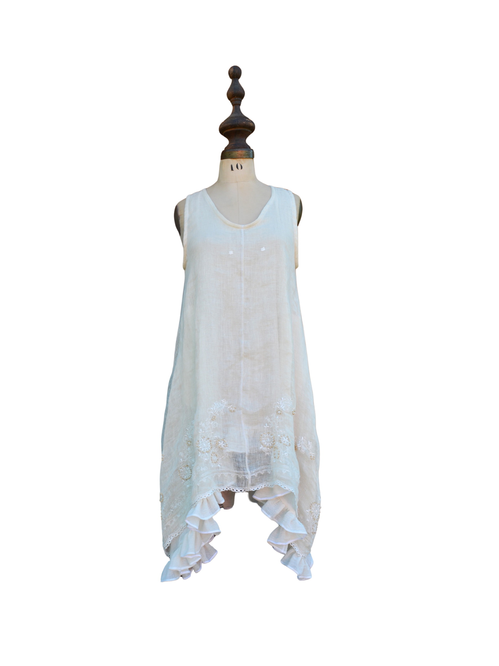 White sleeveless dress with embroidery and ruffles displayed on a mannequin.