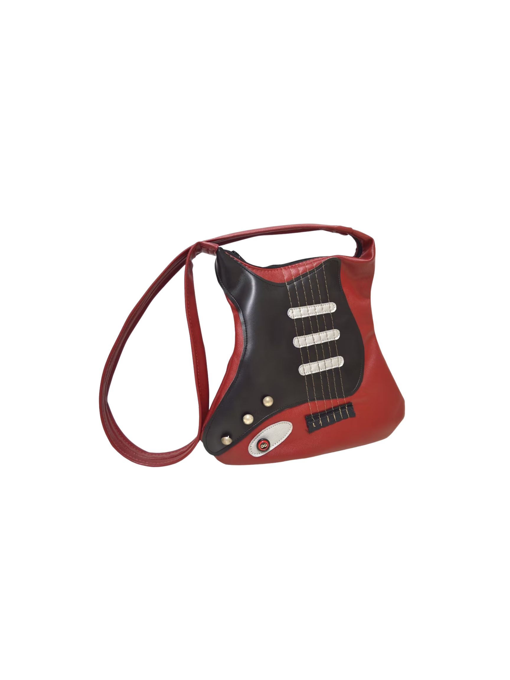 Red handbag designed to resemble a guitar, featuring guitar body details and strings printed on the front.