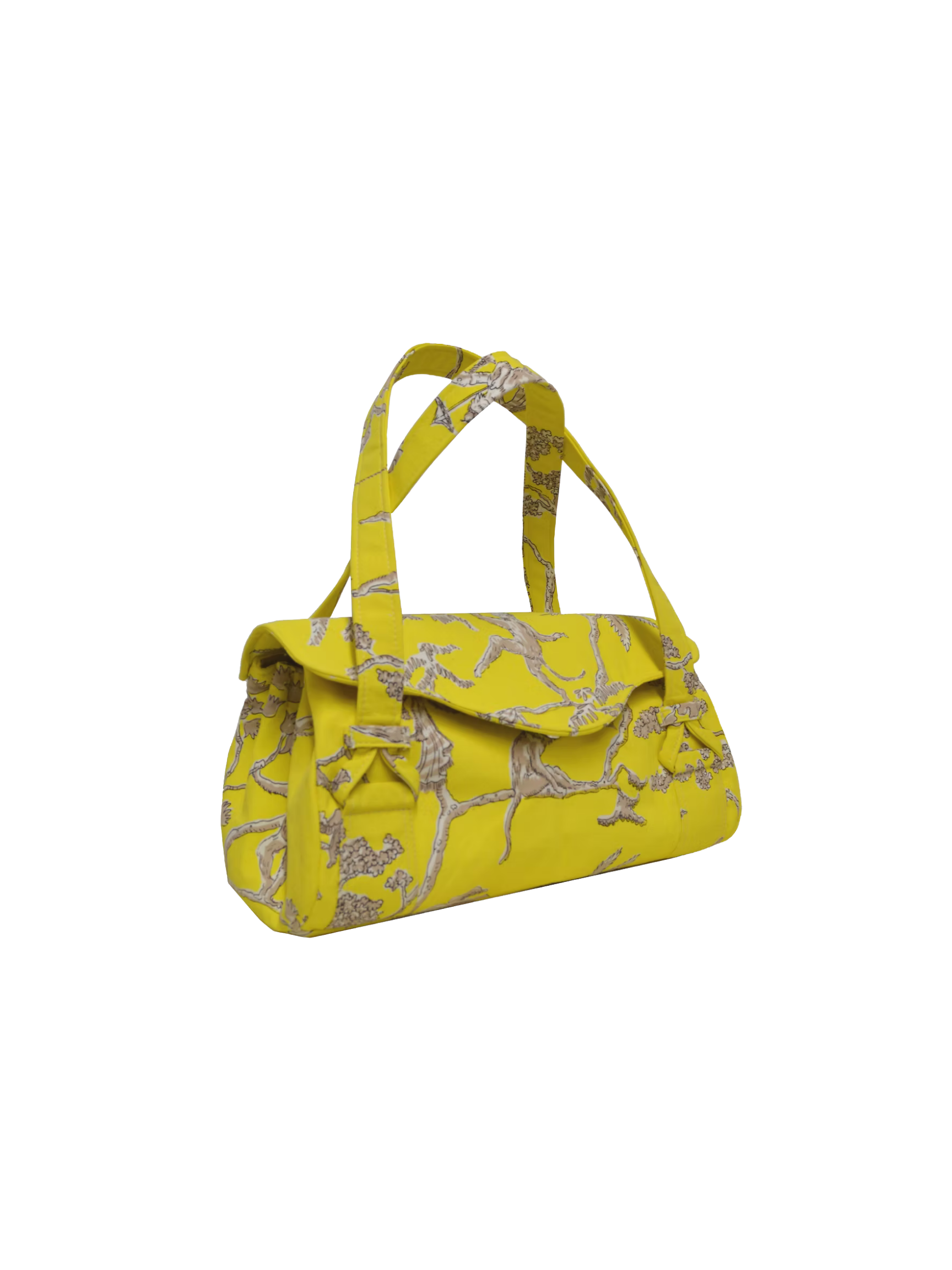 Yellow handbag with floral pattern on black background.