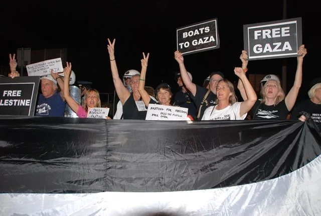 Linda Durham (far right), is among several activists given poor treatment by the US Embassy in Greece and Greek police while en route to Gaza 