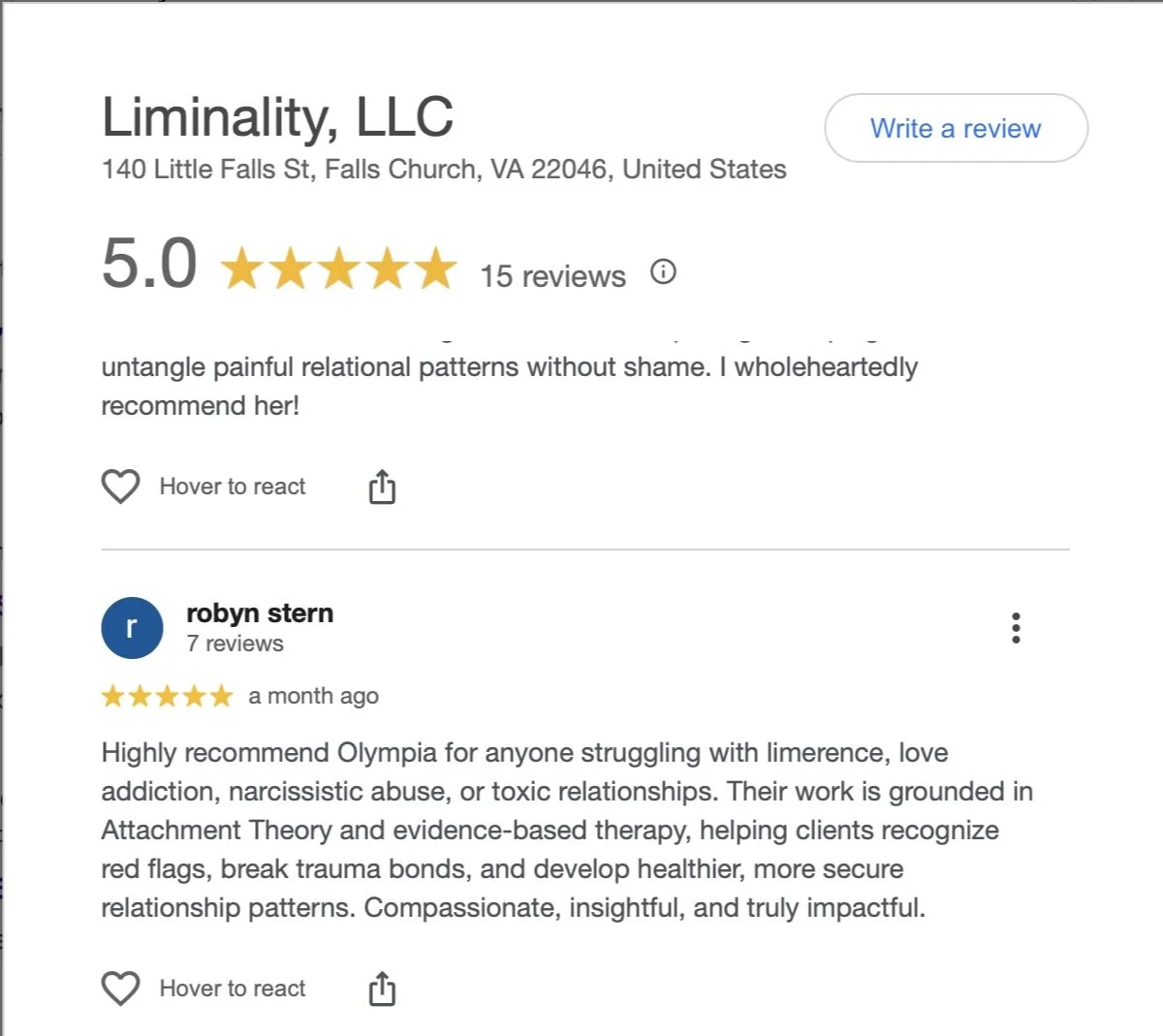 5-star Google business reviews for Liminality.