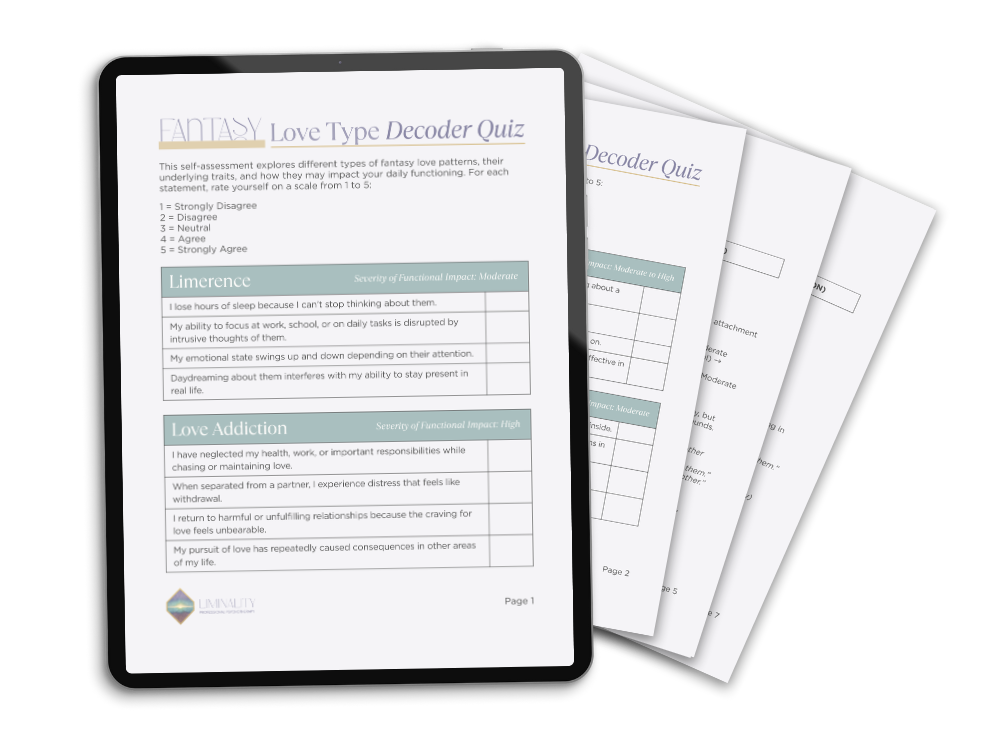 A digital tablet displaying a fantasy love type decoder quiz with sections for severity and impact, along with several printed pages behind it.