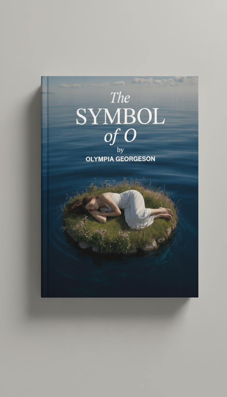 Book titled 'The Symbol of O' by Olympia Georgeson, featuring a cover with a woman lying on a small grassy island surrounded by water.