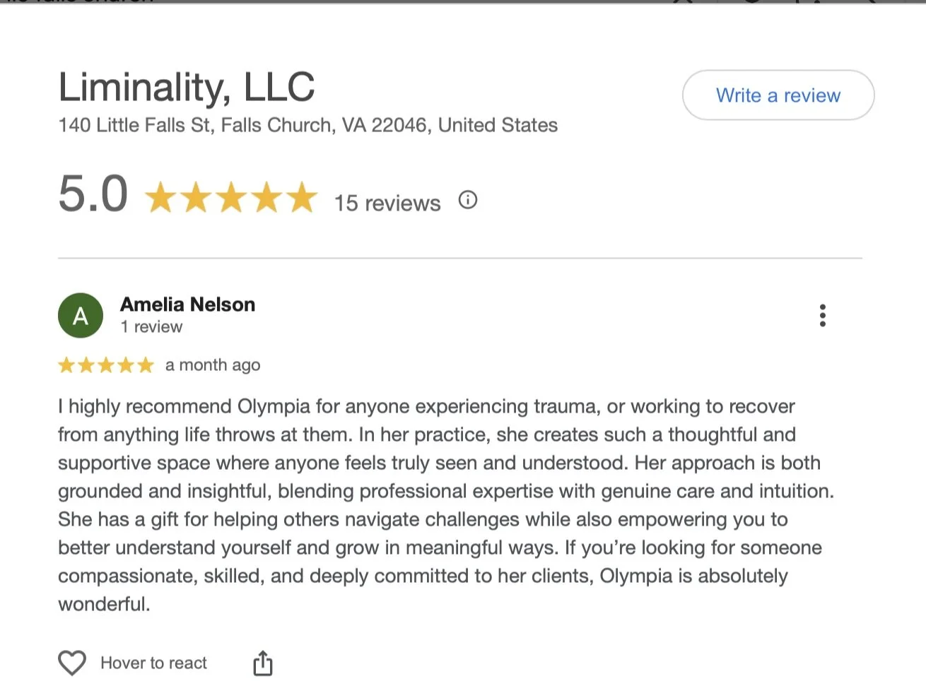 5-star Google business reviews for Liminality.