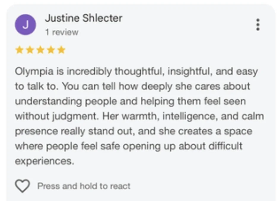 Google review for Olympia, praising her warmth, intelligence, and calm presence.