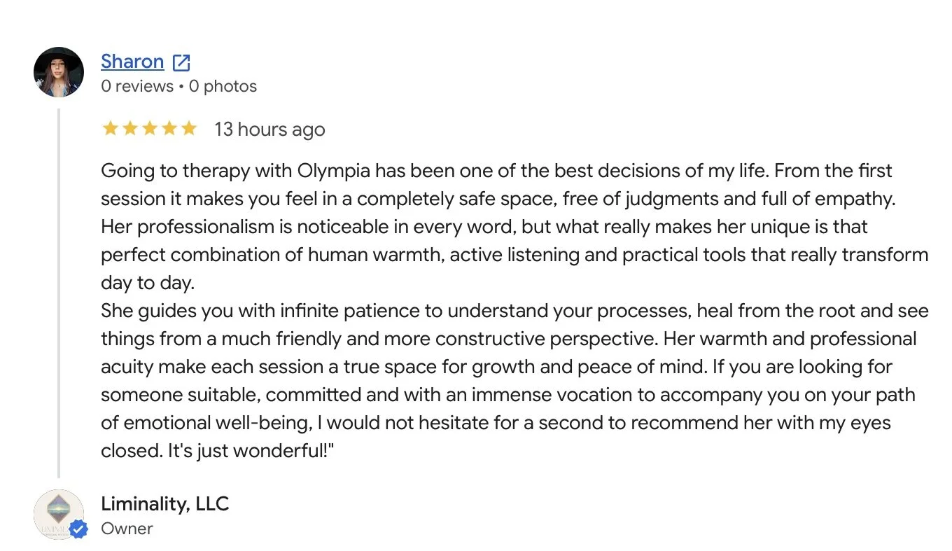 Customer review for individual therapy, praising therapist Olympia for her warmth, professionalism, and helpfulness.