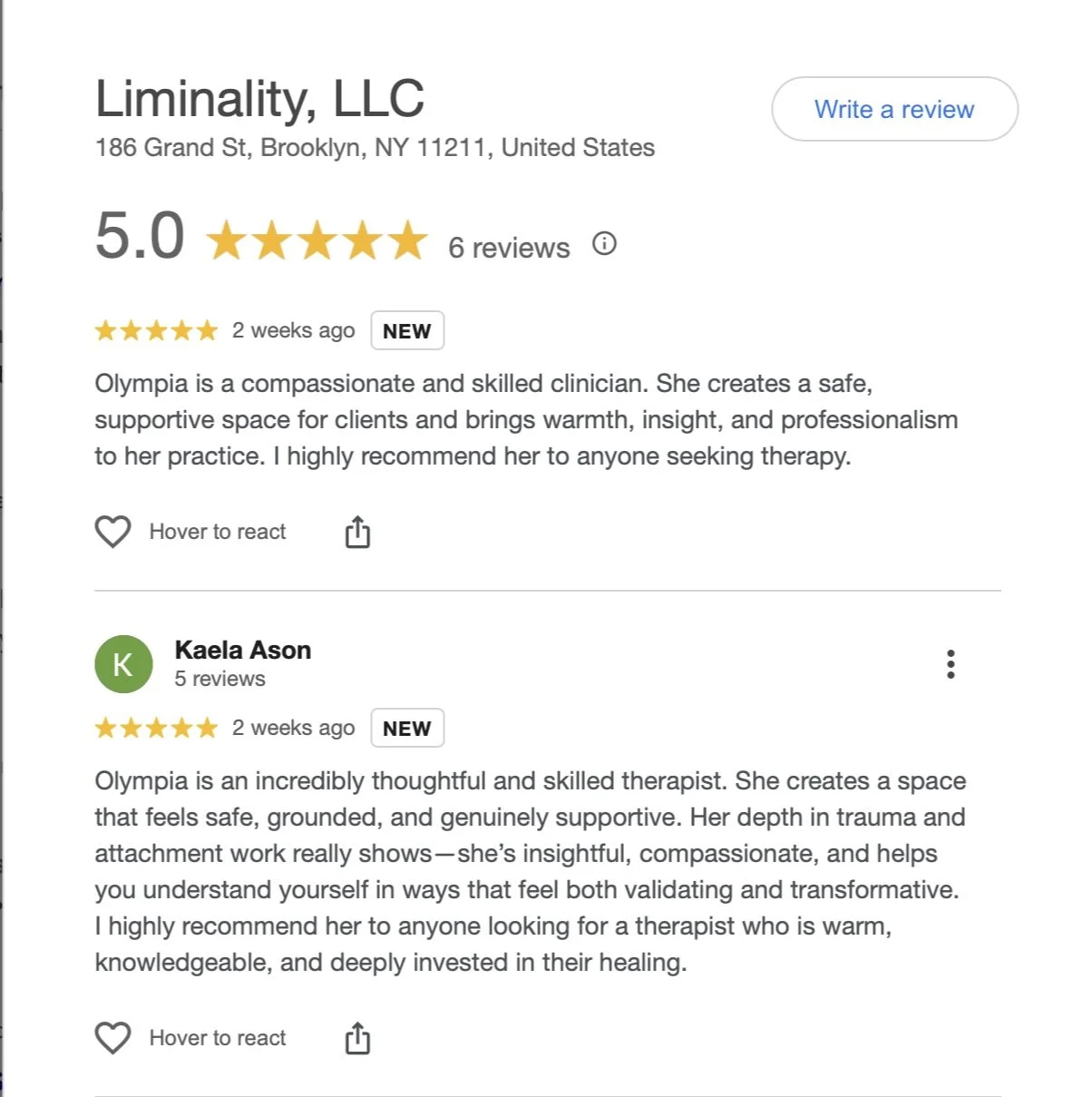 5-star Google business reviews for Liminality.