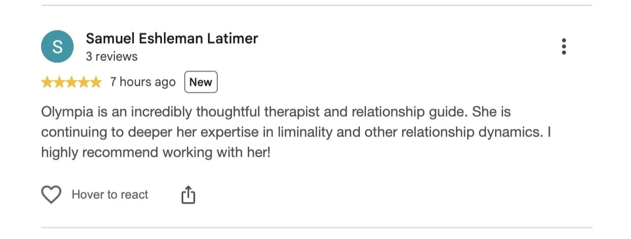 Google review from Samuel. The review has a 5-star rating and mentions Olympia's helpful relationship guidance and expertise in relationship dynamics.