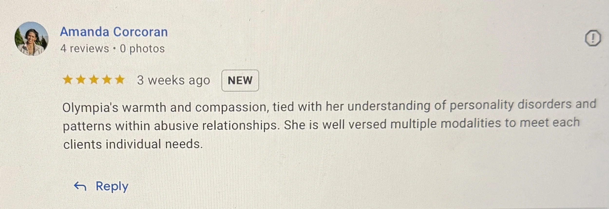 Screenshot of a Facebook review for Amanda Corcoran, showing her profile picture, name, four reviews, no photos, a five-star rating, and the review text praising her understanding of personality disorders and abusive relationships.