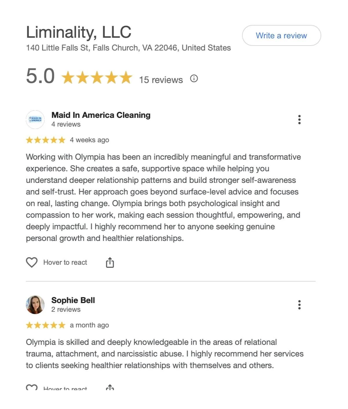 5-star Google business reviews for Liminality.
