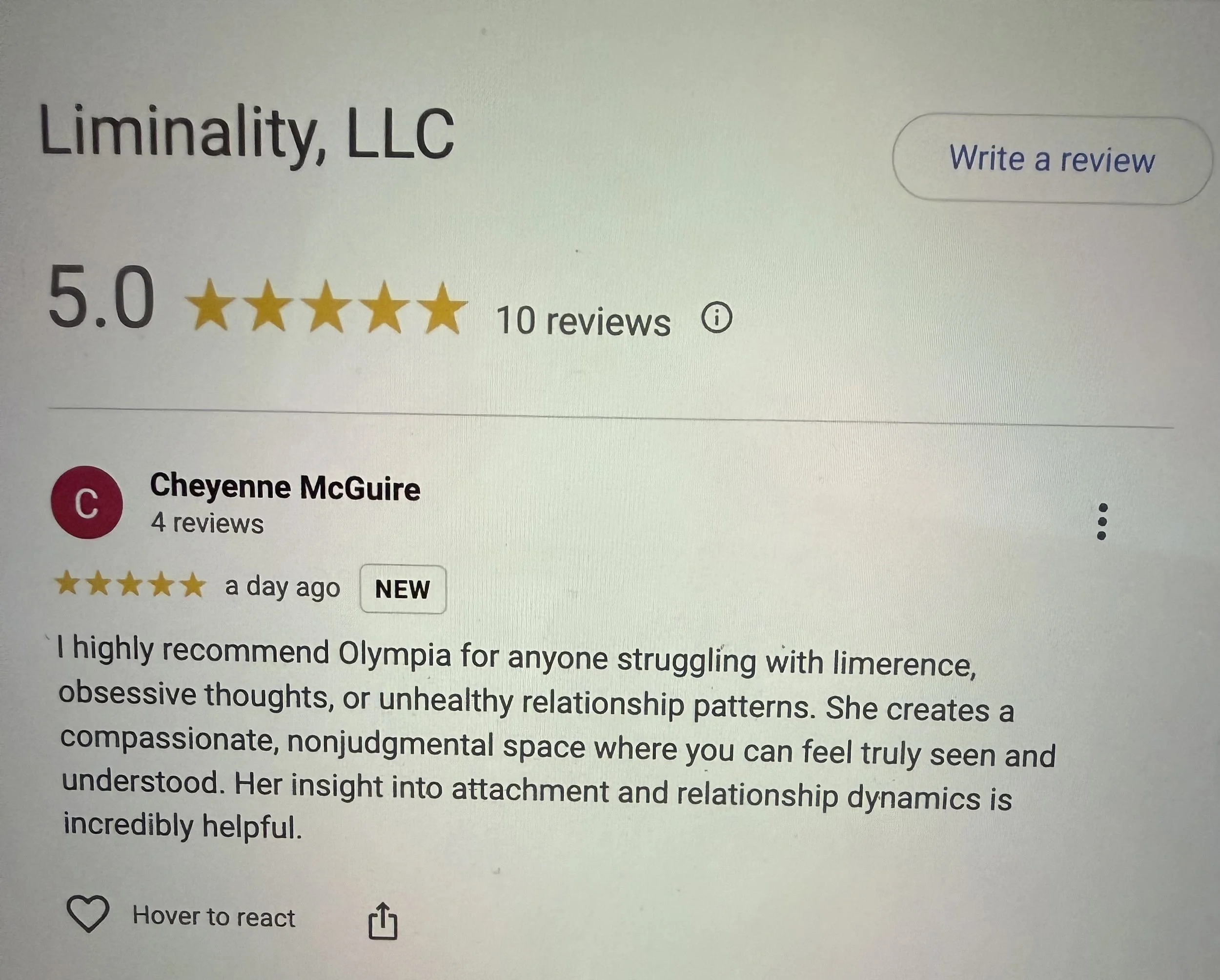 5-star Google business reviews for Liminality in VA and NY.