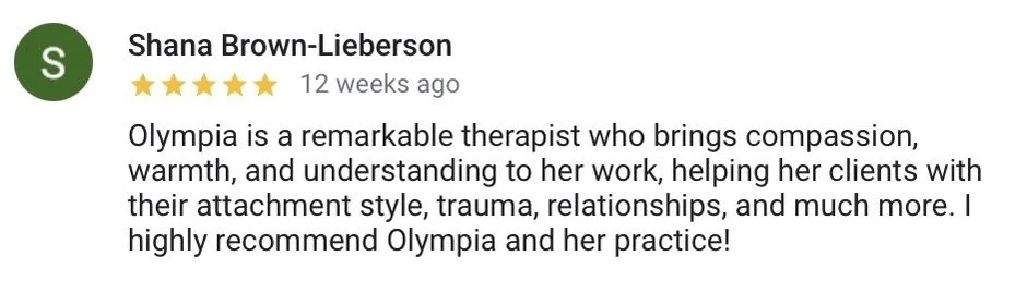 Google review by Shana Brown-Lieberson praising Olympia, describing her as a compassionate therapist.