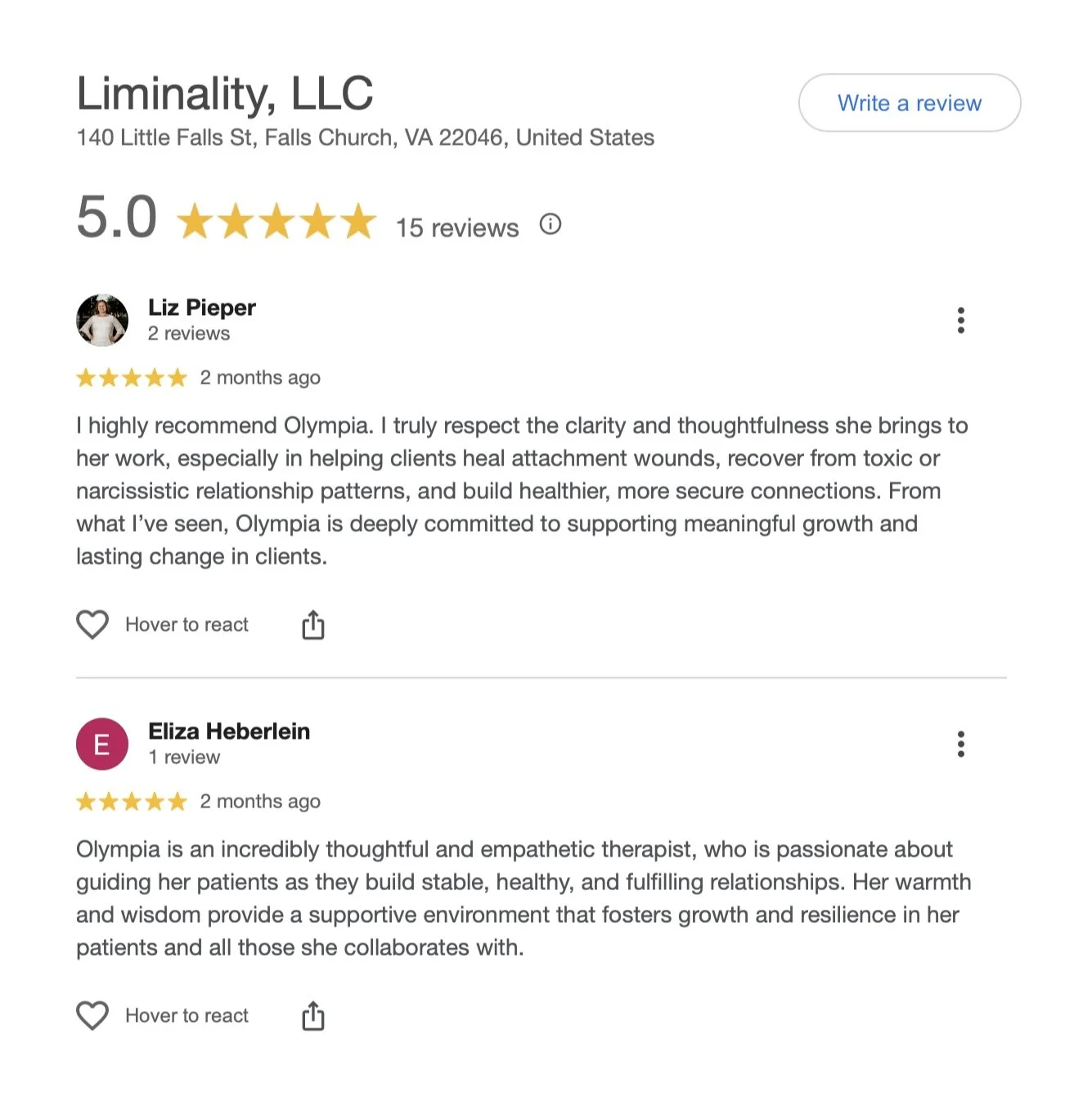 Screenshot of a Google reviews page for Liminality, LLC in Falls Church, Virginia.