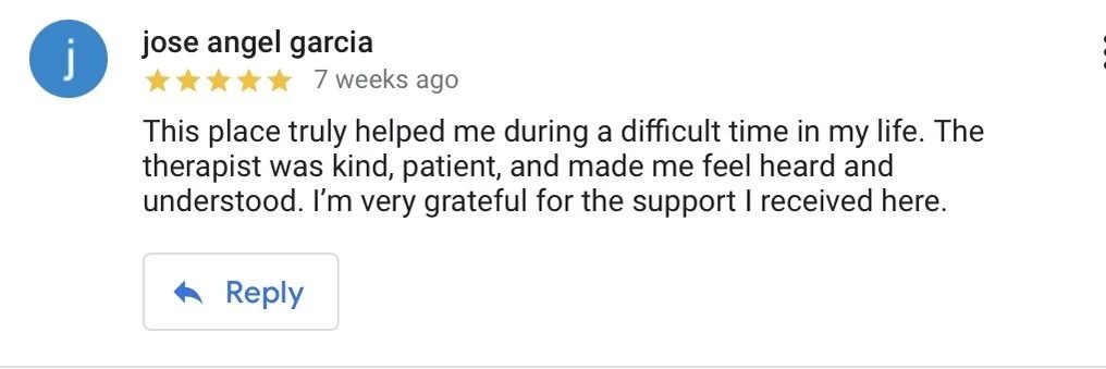 Google five-star review by Jose Angel Garcia praising a place for helping him through a difficult time with kind and patient therapy, expressing gratitude for the support received.