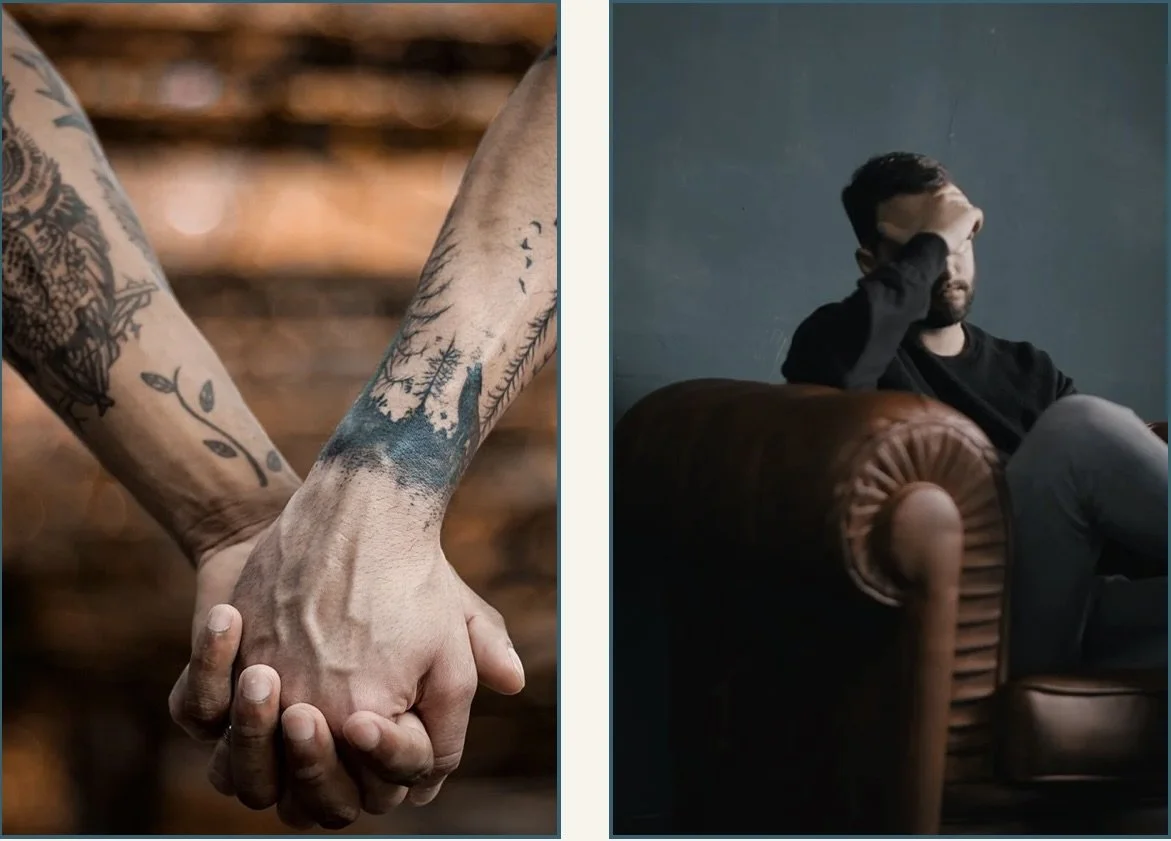 Left side: close-up of two people holding hands, showcasing their joined love. Right side: a man sitting on a leather armchair with one hand covering his face, appearing despondent after a breakup.