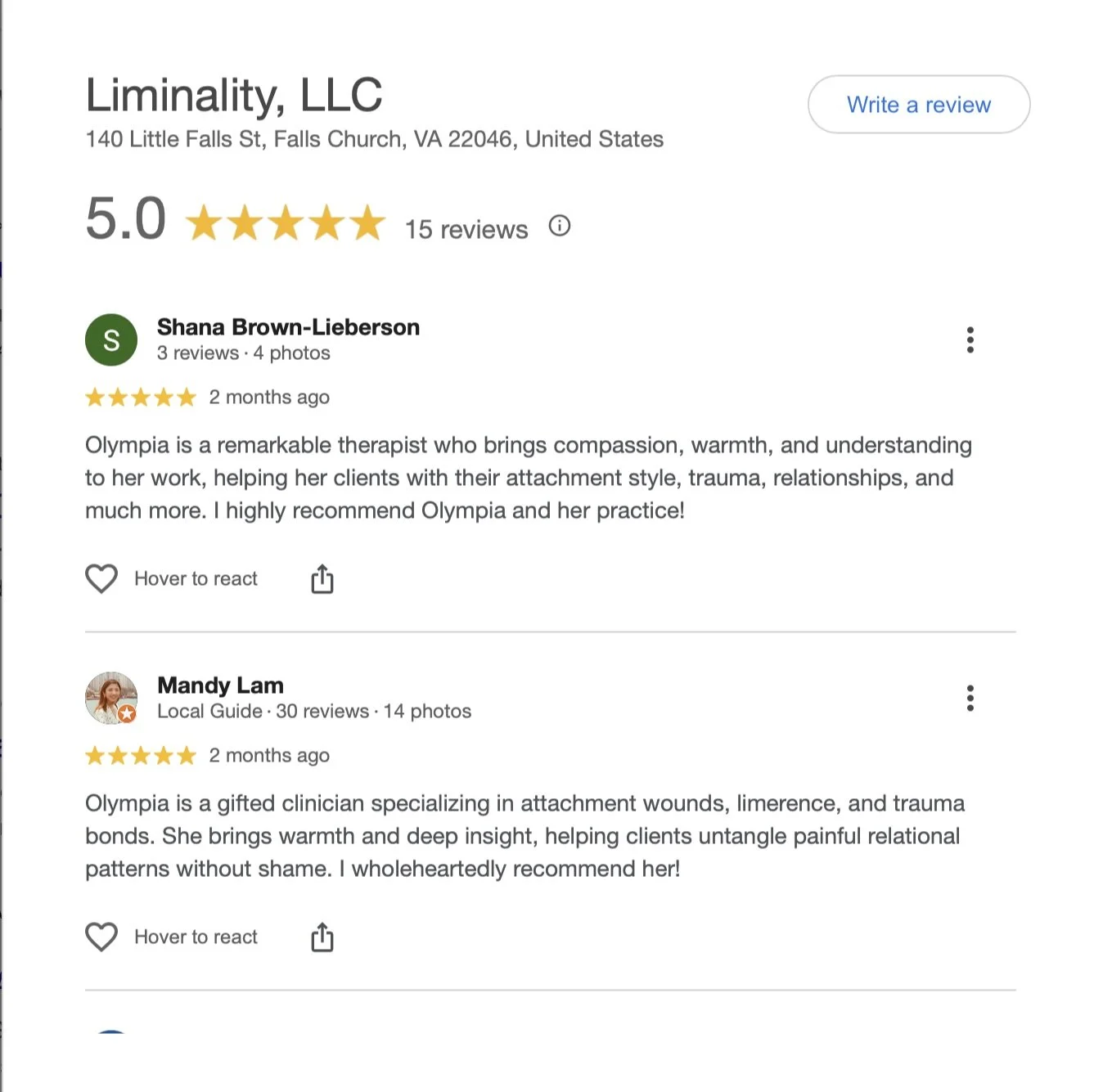 5-star Google business reviews for Liminality.
