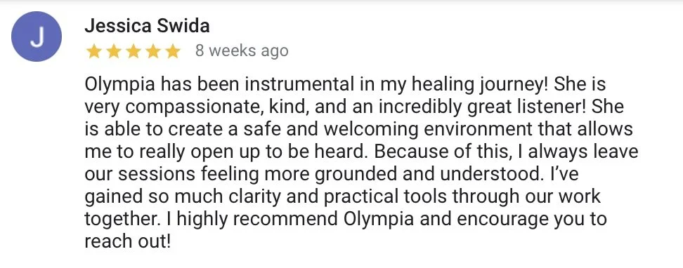 5-star review by Jessica Swida praising Olympia for her compassionate and effective healing sessions, highlighting her kindness, listening skills, and creating a safe environment.