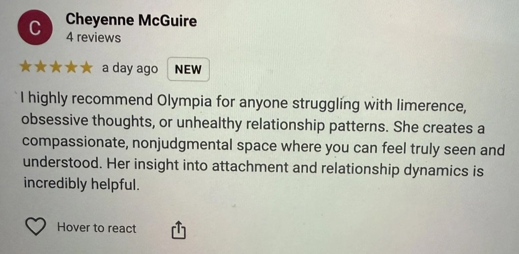 Google review from Cheyenne McGuire, recommending Olympia for understanding attachment and relationship dynamics.