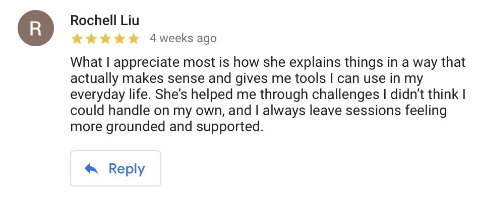Customer review by Rochell Liu with a five-star rating, praising someone for their helpful explanations and support.
