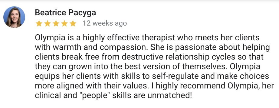Google review from Beatrice Pacysa, praising Olympia as an effective therapist.