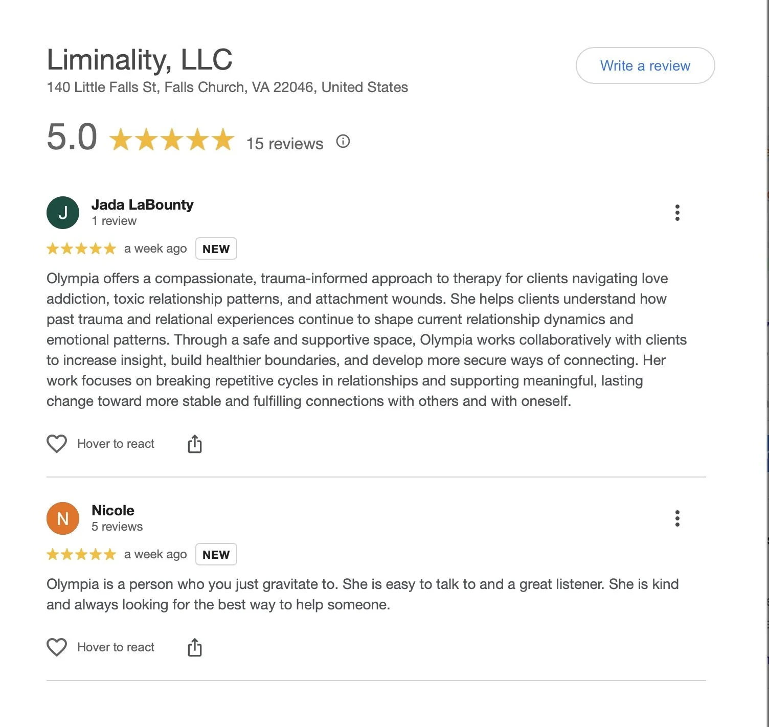 5-star Google business reviews for Liminality.