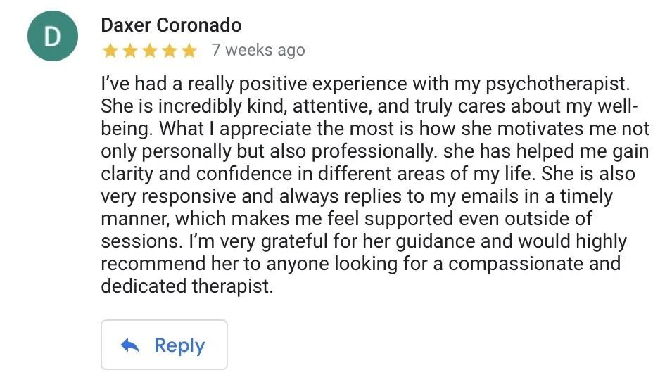 A positive Google review for psychotherapist Olympia, praising her kindness, attentiveness, responsiveness, and professionalism.