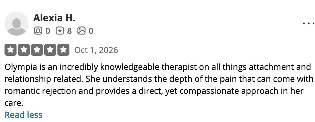 Review by Alexia H. praising Olympia, a therapist, for her knowledge and compassionate approach.