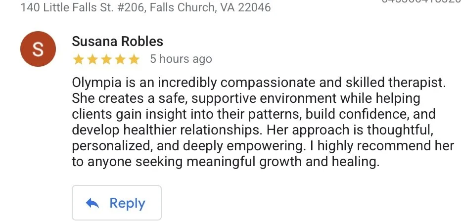 Screenshot of a Google review by Susana Robles praising Olympia, a therapist, for creating a safe, supportive environment and helping clients gain insight and build confidence.