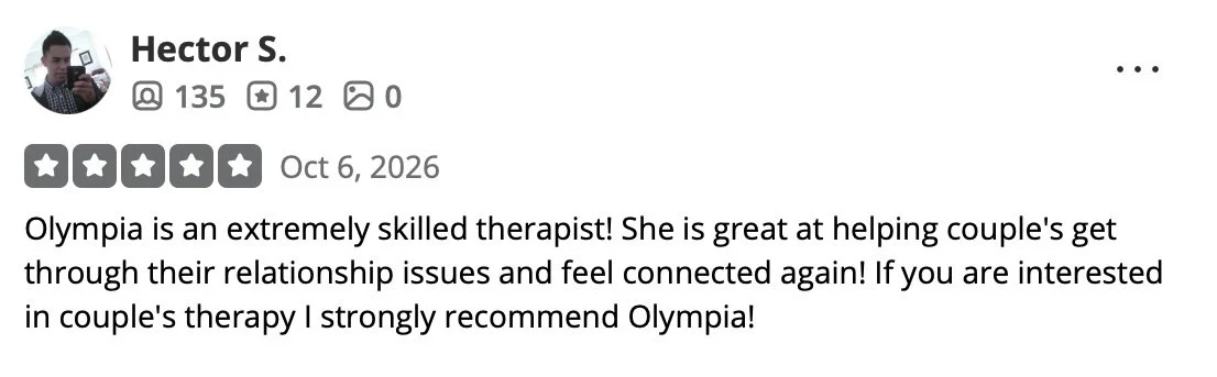 Review by Hector S. praising Olympia as a skilled couples therapist.