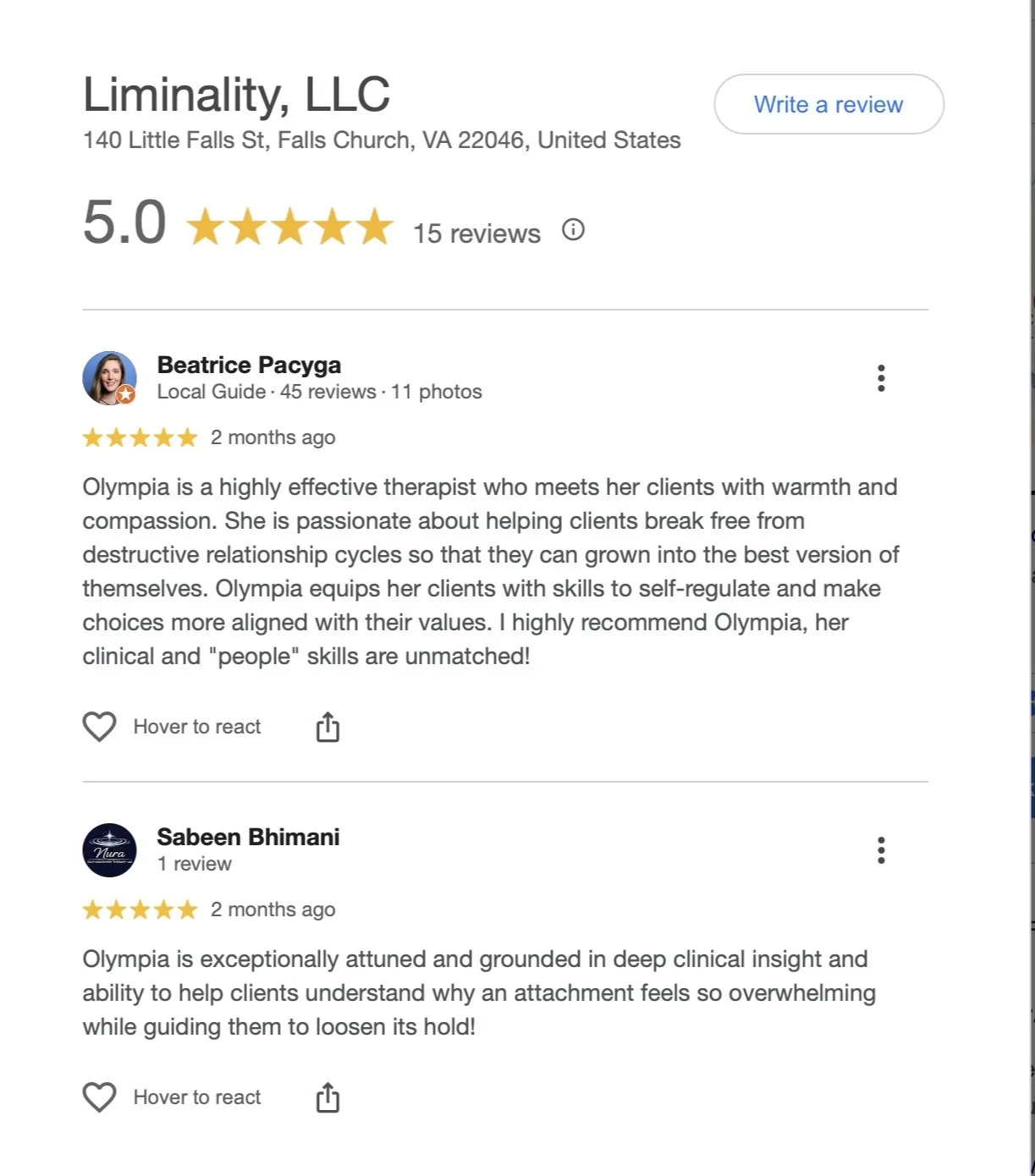 5-star Google business reviews for Liminality.