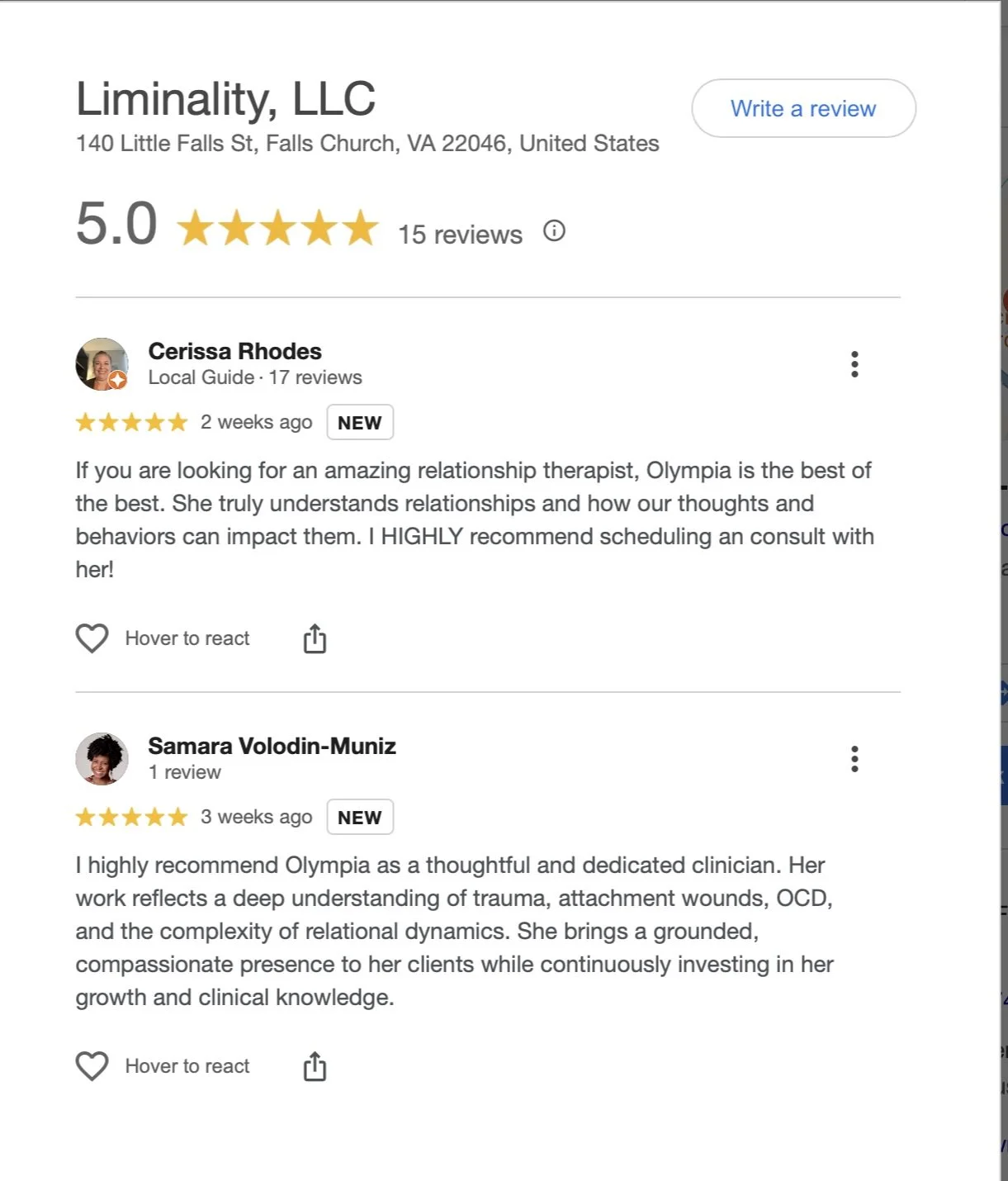 5-star Google business reviews for Liminality.