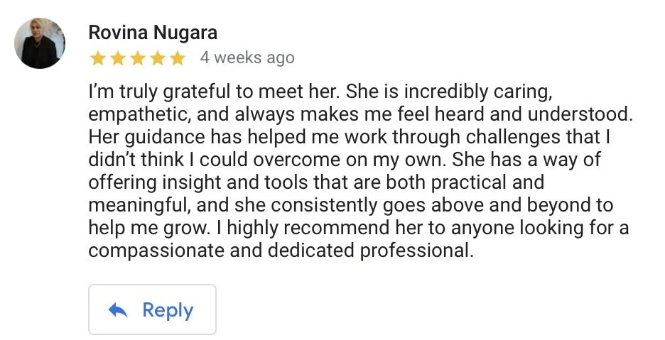 Five-star review written by Rovina Nugara discussing her positive experience with Olympia as a caring and professional individual who provided guidance and support.
